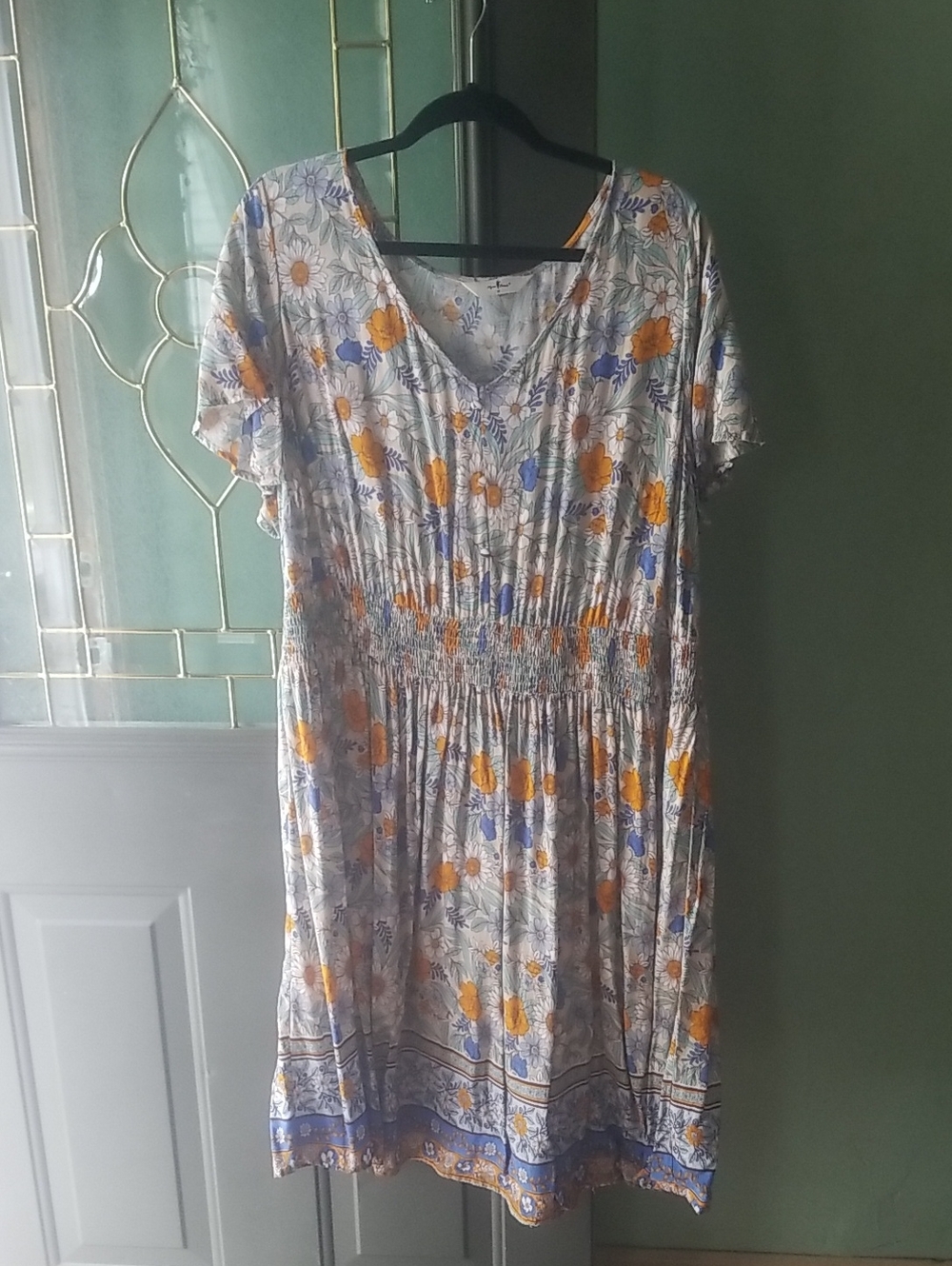 Floral V-Neck Short Sleeve Dress in White with Yellow & Blue Flowers